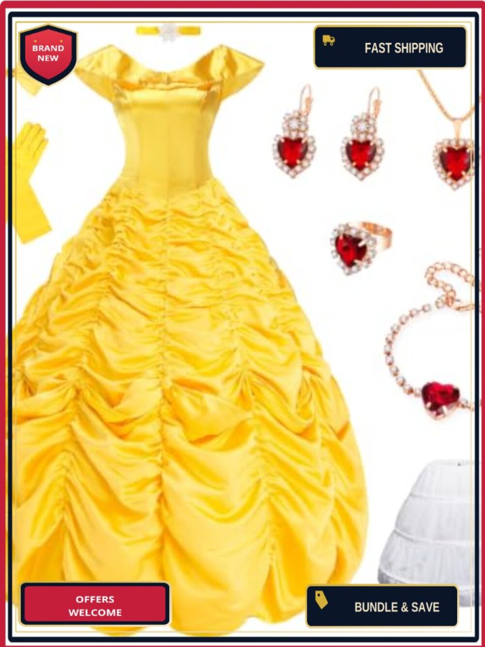 Princess Costume Dress Set with Hoop Skirt Off-Shoulder Zipper Adult Halloween